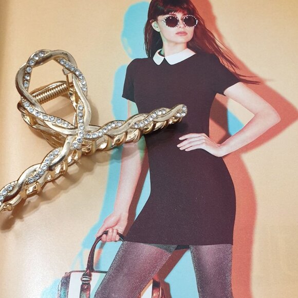 Women Gold Metal Crystals Long Hair Clip Claw Fashion Formal Casual Accessory - Picture 1 of 2